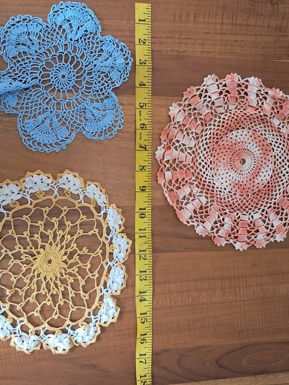 ​Vtg Handmade Crochet Doilies Lot of 3 - Peach Variegated, Blue, Yellow/White